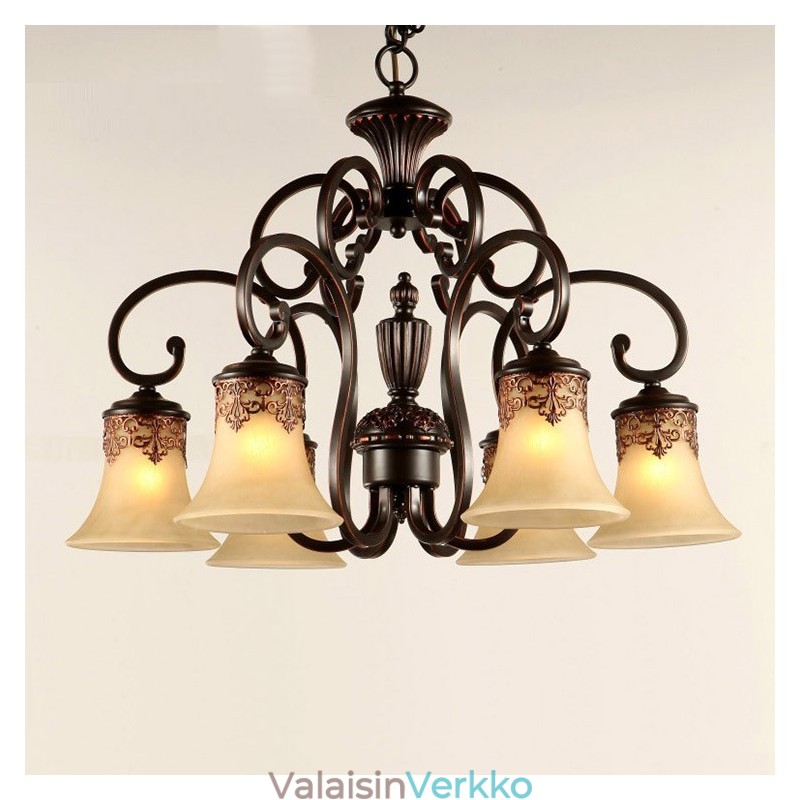Kattokruunu riippuvalaisin 6 valoa Vintage Country Island metallia+lasia