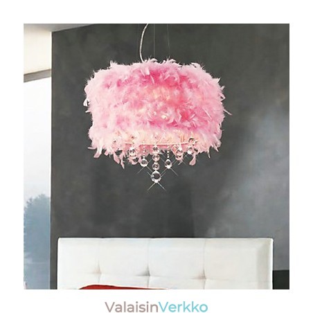 Kristalliriippuvalaisin 5 valolla vaaleanpunaisessa höyhenvarjossa