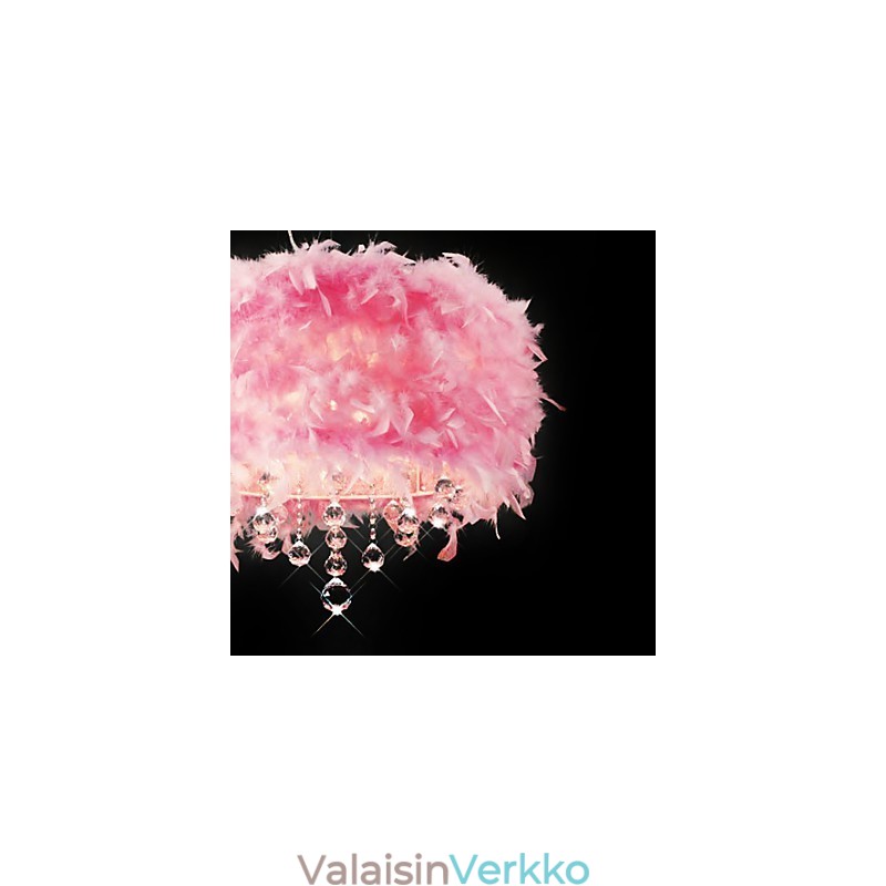 Kristalliriippuvalaisin 5 valolla vaaleanpunaisessa höyhenvarjossa