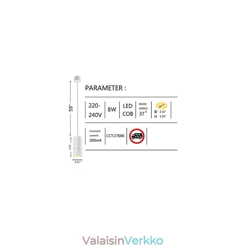 GE 05032 8W 136mm 1 kevyt miniriippuvalaisin jauhettu valkoinen alumiinilla