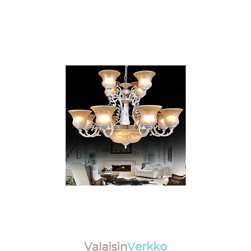 Valkoinen kattokruunu Fifteen Lights Pattern Lasivarjostin Käsinkullattu European Retro Classic