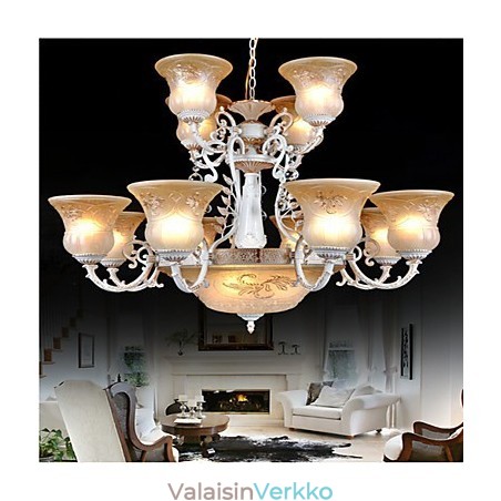 Valkoinen kattokruunu Fifteen Lights Pattern Lasivarjostin Käsinkullattu European Retro Classic Valkoinen kattokruunu Fifteen Lights Pattern Lasivarjostin Käsinkullattu European Retro Classic