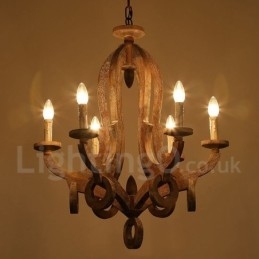 Country Wooden Vintage 6 Light yksikerroksinen kattokruunu Vaalea puulamppu