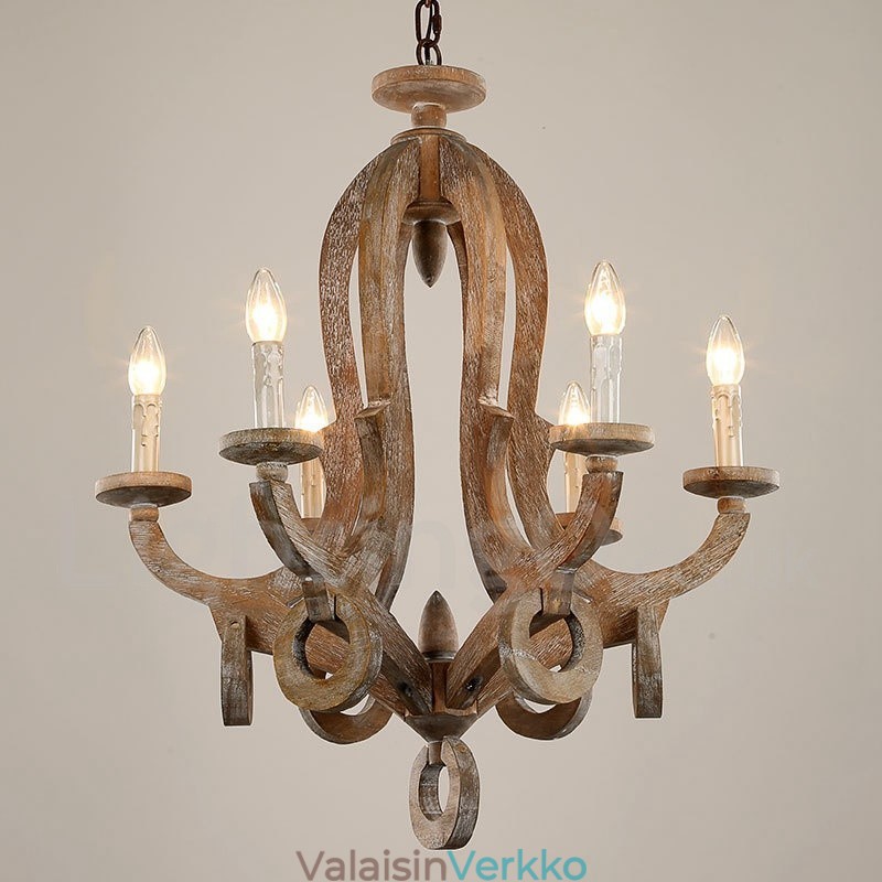 Country Wooden Vintage 6 Light yksikerroksinen kattokruunu Vaalea puulamppu