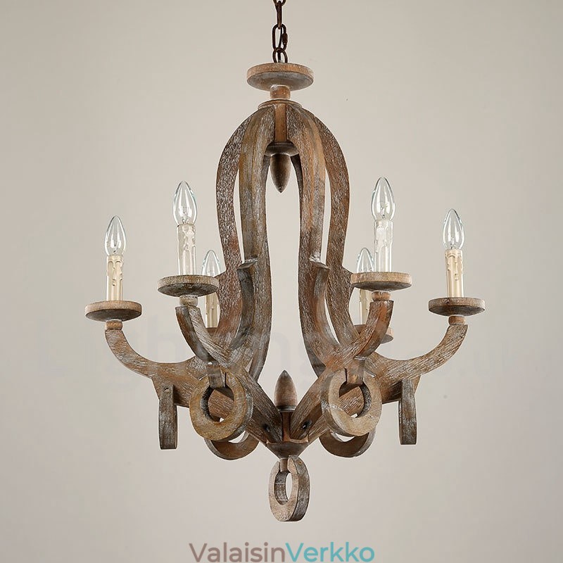Country Wooden Vintage 6 Light yksikerroksinen kattokruunu Vaalea puulamppu