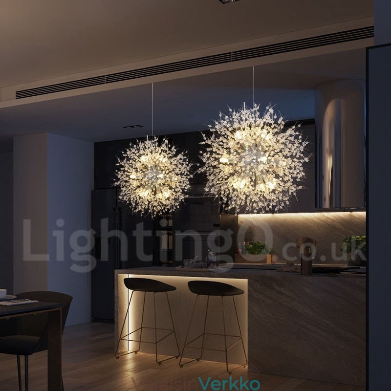 Ilotulitus Globe Dandelion Chrome Feature Crystal Metal Kattokruunu