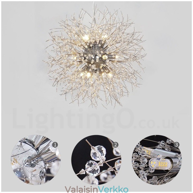 Ilotulitus Globe Dandelion Chrome Feature Crystal Metal Kattokruunu