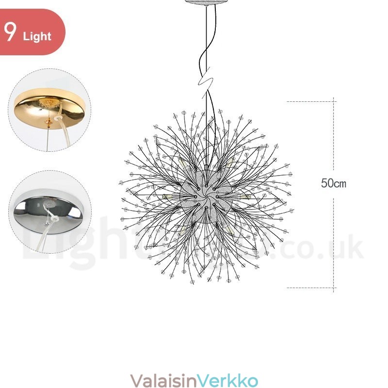 Ilotulitus Globe Dandelion Chrome Feature Crystal Metal Kattokruunu