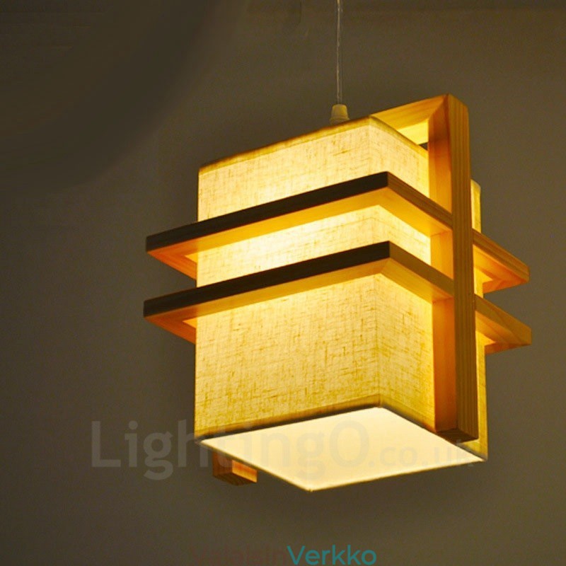 1 Light Wood Retro Vintage -riippuvalaisin kangasvarjostimella