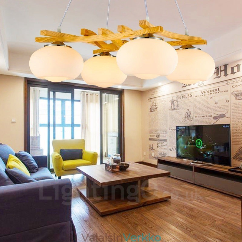4 Light Wood Rustic Lodge -riippuvalaisin lasivarjostimella