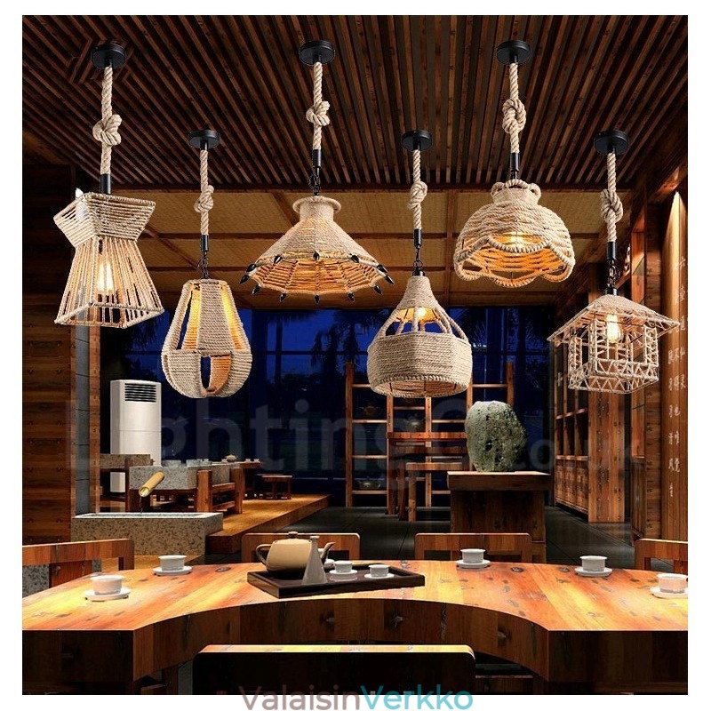 1 Light Rustic Lodge Pendant Light Cafe Hamp Rope -riippuvalaisin