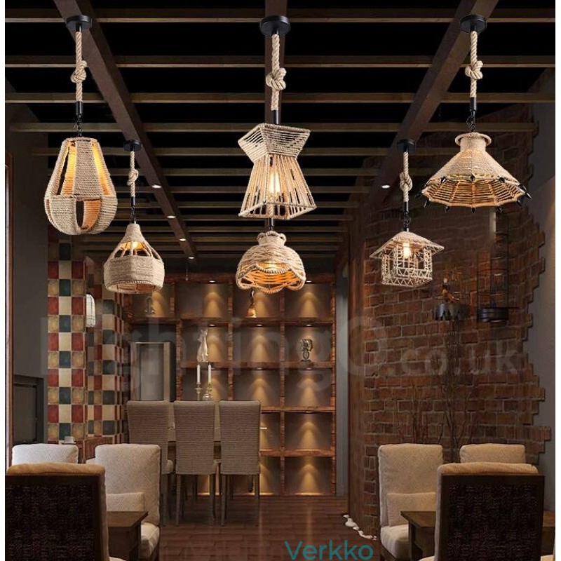 1 Light Rustic Lodge Pendant Light Cafe Hamp Rope -riippuvalaisin