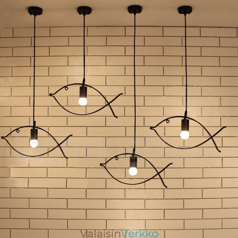 1 Light Rustic Lodge Retro Fish -riippuvalaisin teräsvarjostimella