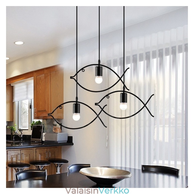 1 Light Rustic Lodge Retro Fish -riippuvalaisin teräsvarjostimella