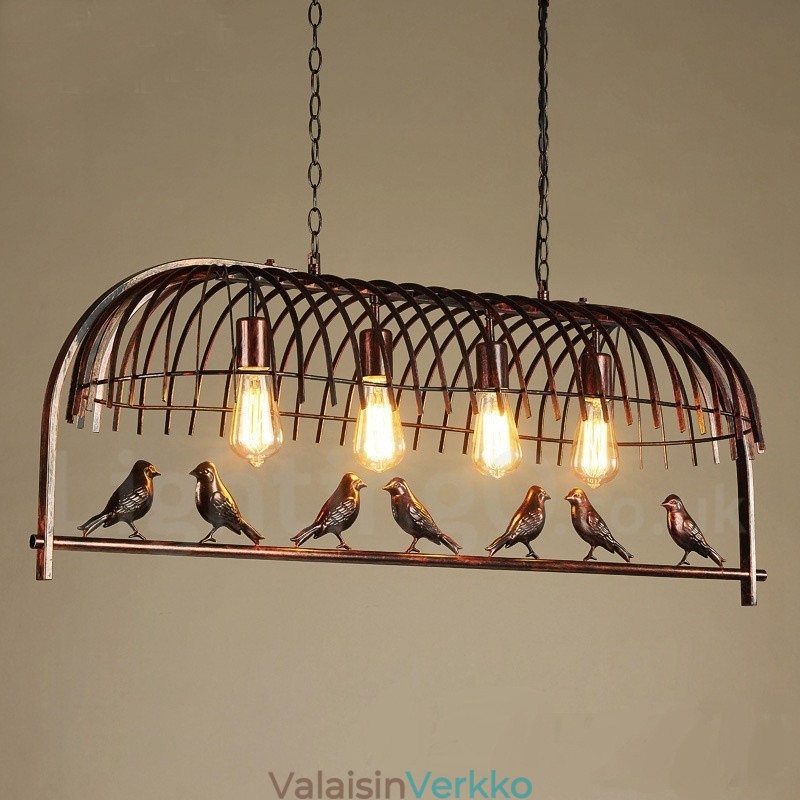 4 Light Rustic Lodge Retro lintuhäkkiriippuvalaisin teräsvarjostimella