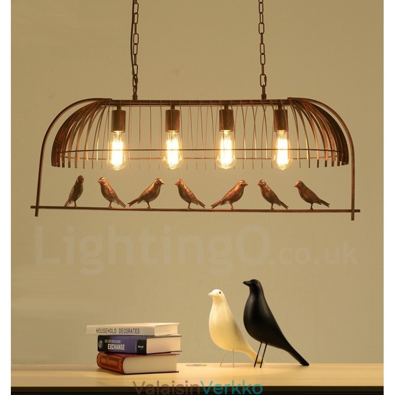 4 Light Rustic Lodge Retro lintuhäkkiriippuvalaisin teräsvarjostimella