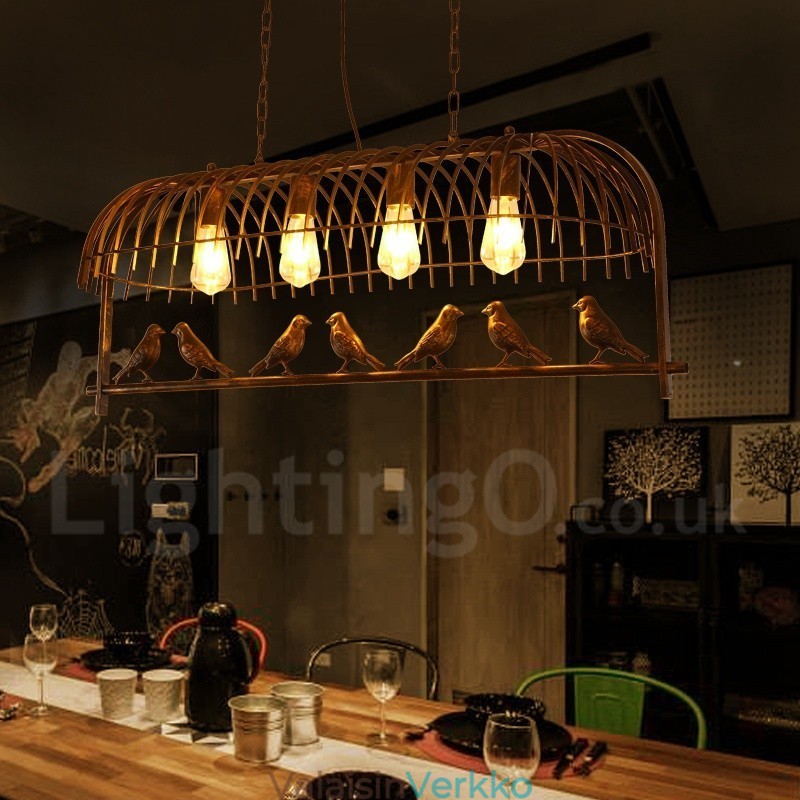 4 Light Rustic Lodge Retro lintuhäkkiriippuvalaisin teräsvarjostimella
