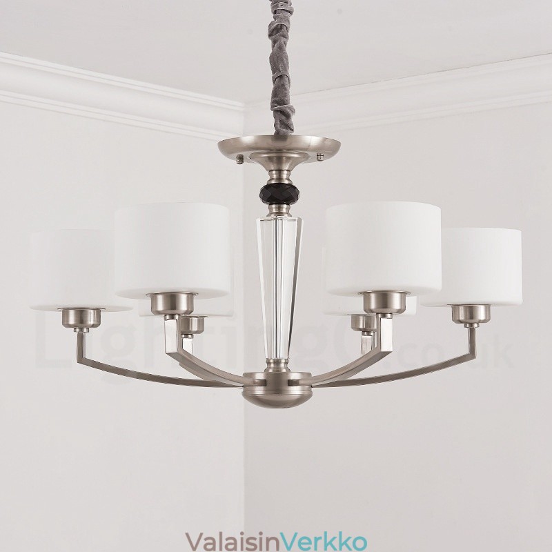 6 Vaalea moderni nykyaikainen kattokruunu lasivarjostimella