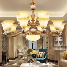 15 Light Retro Traditional Luxury Sinkkiseoksesta valmistettu kattokruunu lasivarjostimella