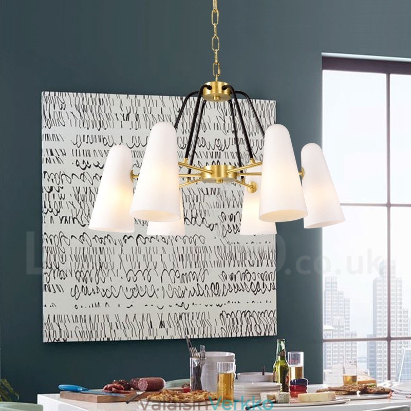 6 Kevyt Retro Rustic Luxury messinkiriippuvalaisin kattokruunu lasivarjostimella