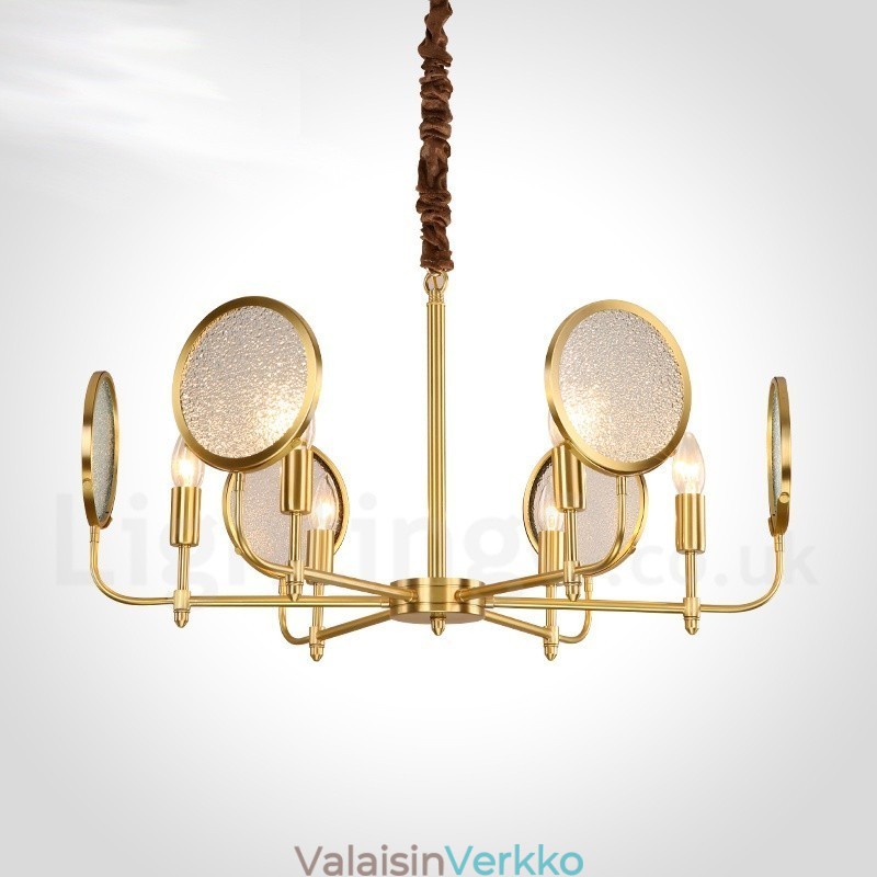 6 Kevyt Retro Rustic Luxury messinkiriippuvalaisin kattokruunu lasivarjostimella