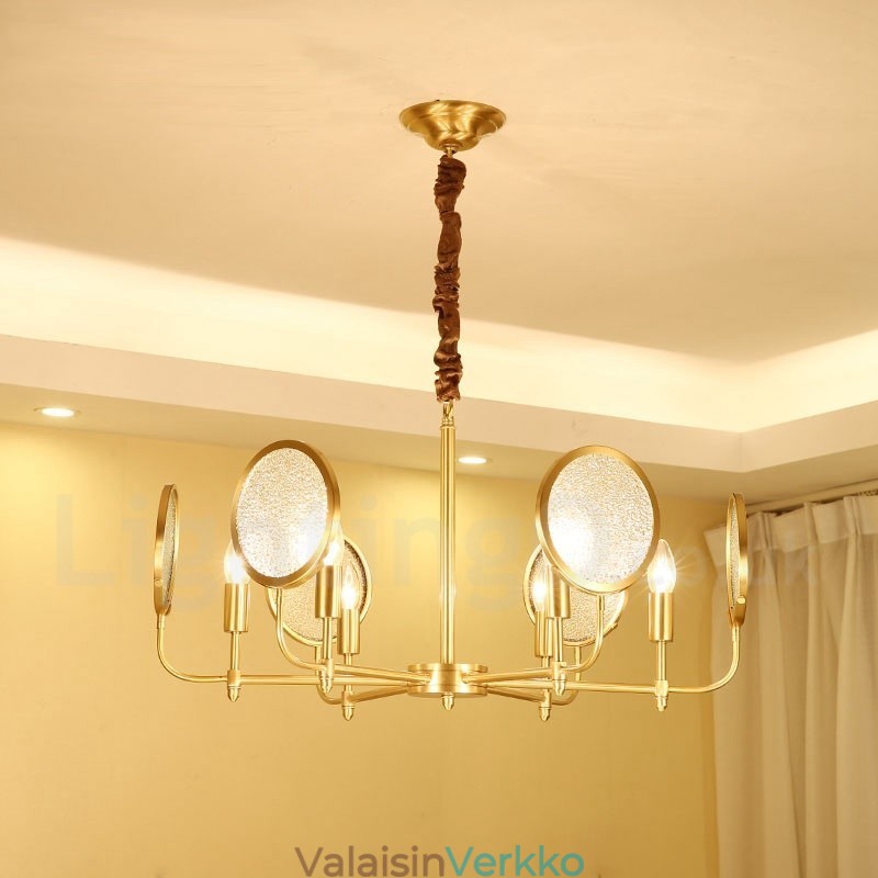 6 Kevyt Retro Rustic Luxury messinkiriippuvalaisin kattokruunu lasivarjostimella