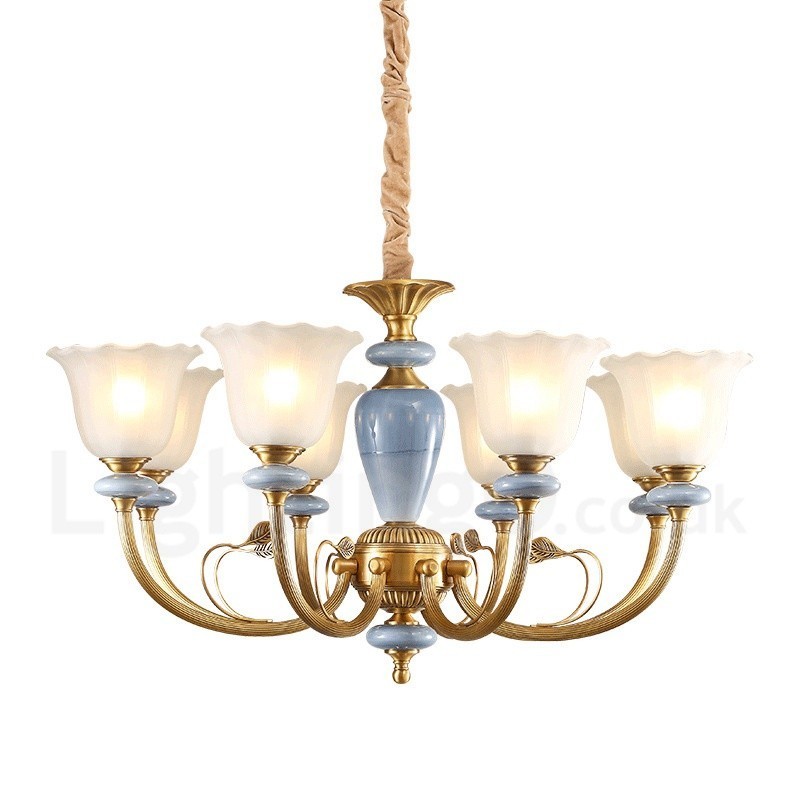 8 Kevyt Retro Rustic Luxury messinkiriippuvalaisin kattokruunu lasivarjostimella