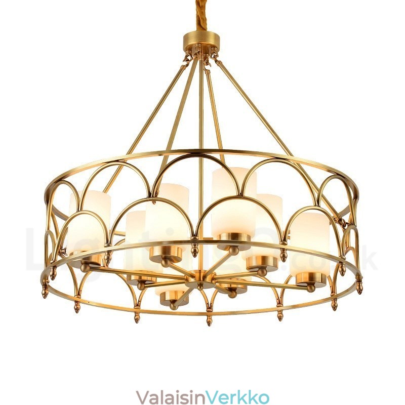 8 Kevyt Retro Rustic Luxury messinkiriippuvalaisinkruunu lasivarjostimella