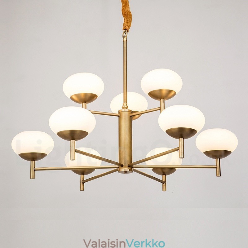 9 Kevyt Retro Rustic Luxury messinkiriippuvalaisin kattokruunu lasivarjostimella