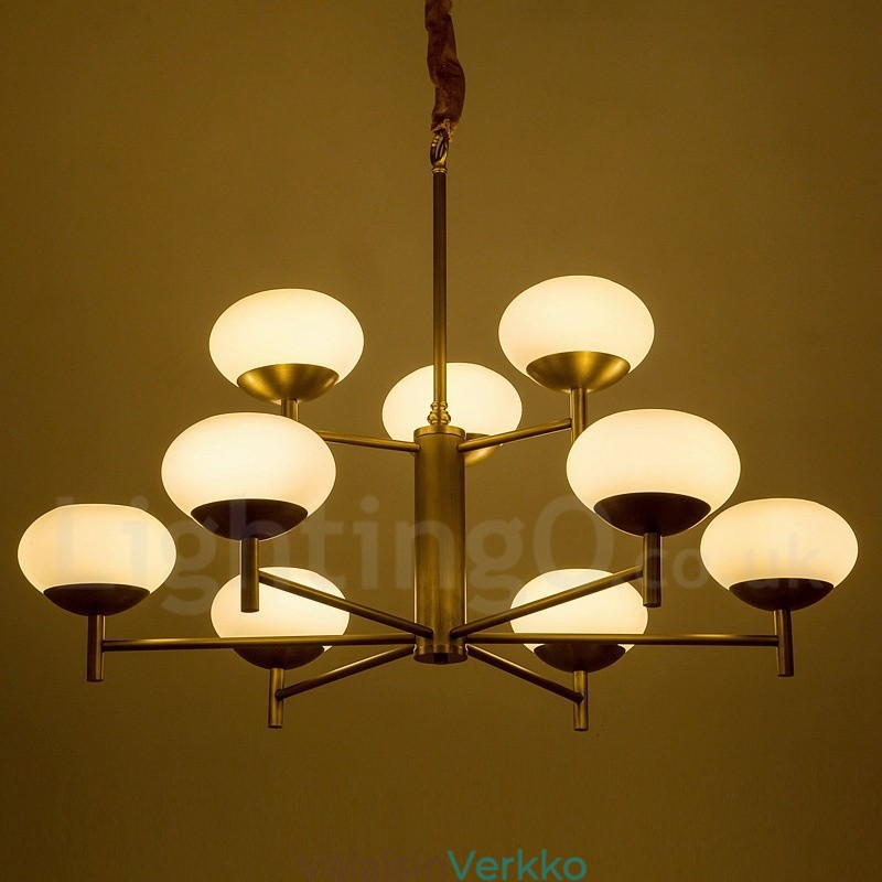 9 Kevyt Retro Rustic Luxury messinkiriippuvalaisin kattokruunu lasivarjostimella