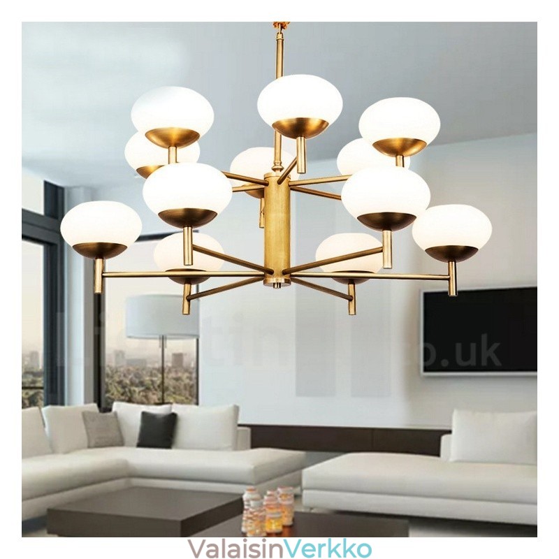 12 Kevyt Retro Rustic Luxury messinkiriippuvalaisin kattokruunu lasivarjostimella