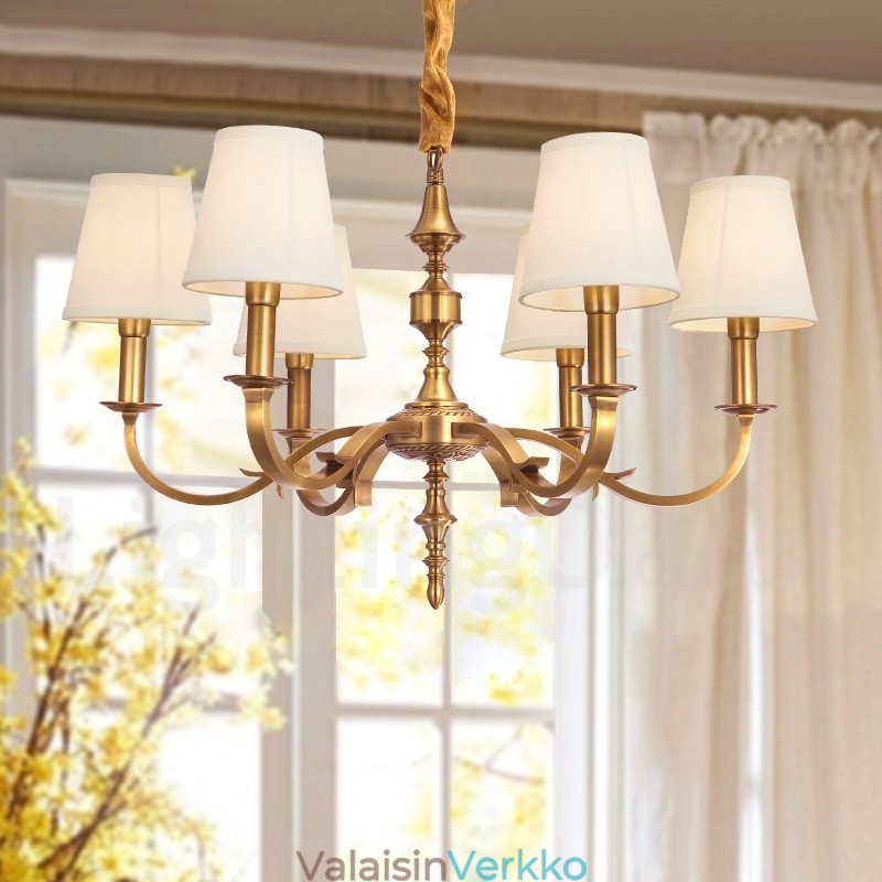 6 Kevyt Retro Rustic Luxury messinkiriippuvalaisin kattokruunu kangasvarjostimella