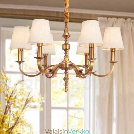 6 Kevyt Retro Rustic Luxury messinkiriippuvalaisin kattokruunu kangasvarjostimella 6 Kevyt Retro Rustic Luxury messinkiriippuvalaisin kattokruunu kangasvarjostimella