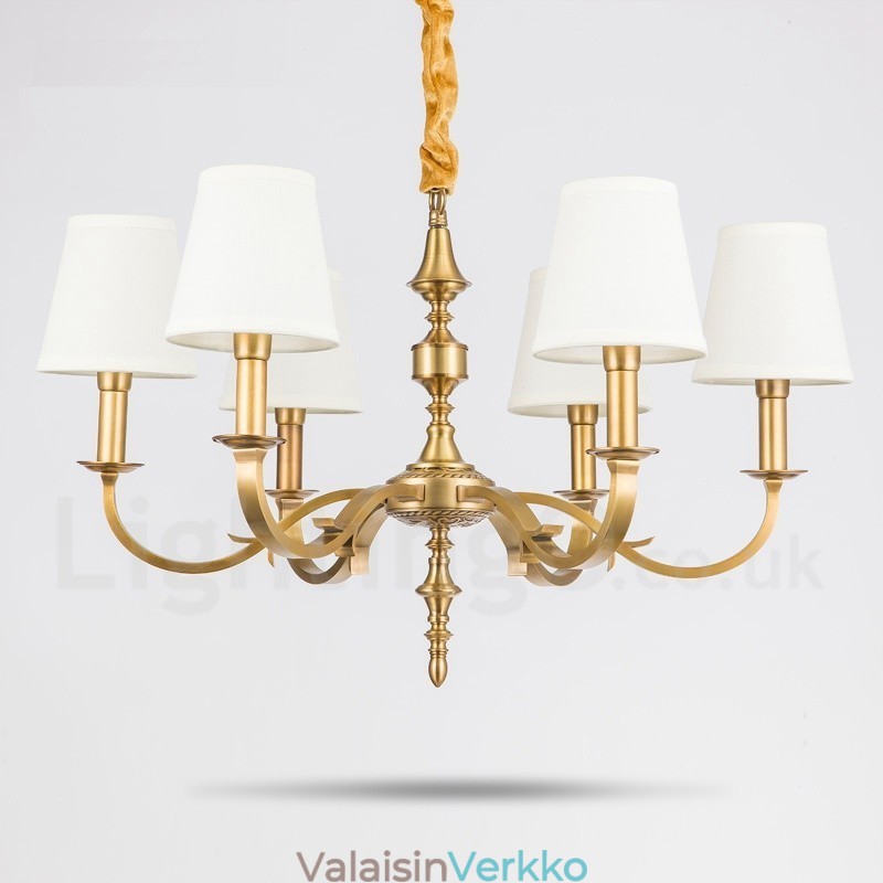 6 Kevyt Retro Rustic Luxury messinkiriippuvalaisin kattokruunu kangasvarjostimella