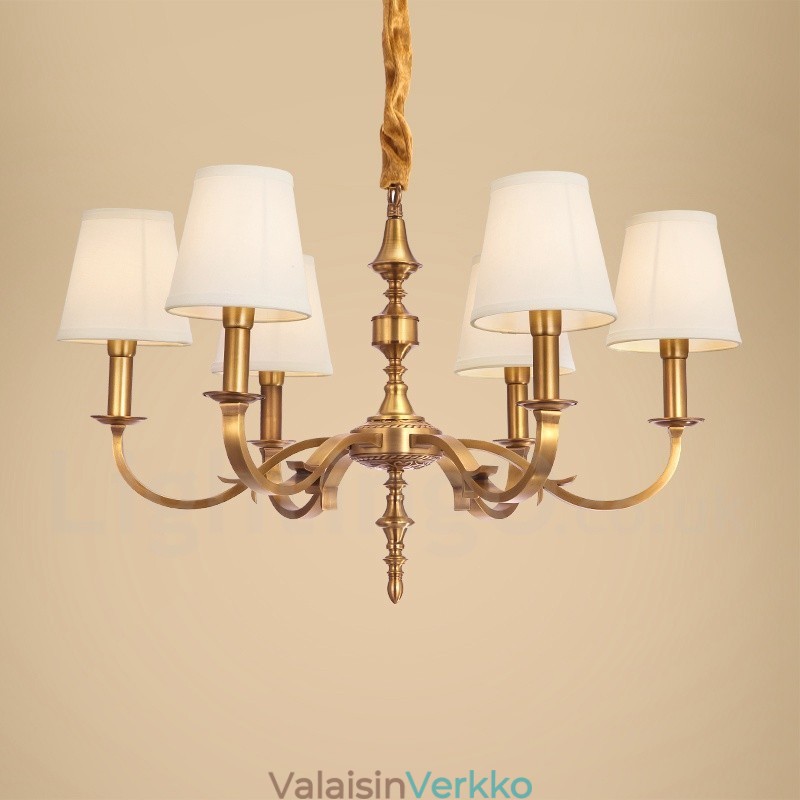 6 Kevyt Retro Rustic Luxury messinkiriippuvalaisin kattokruunu kangasvarjostimella
