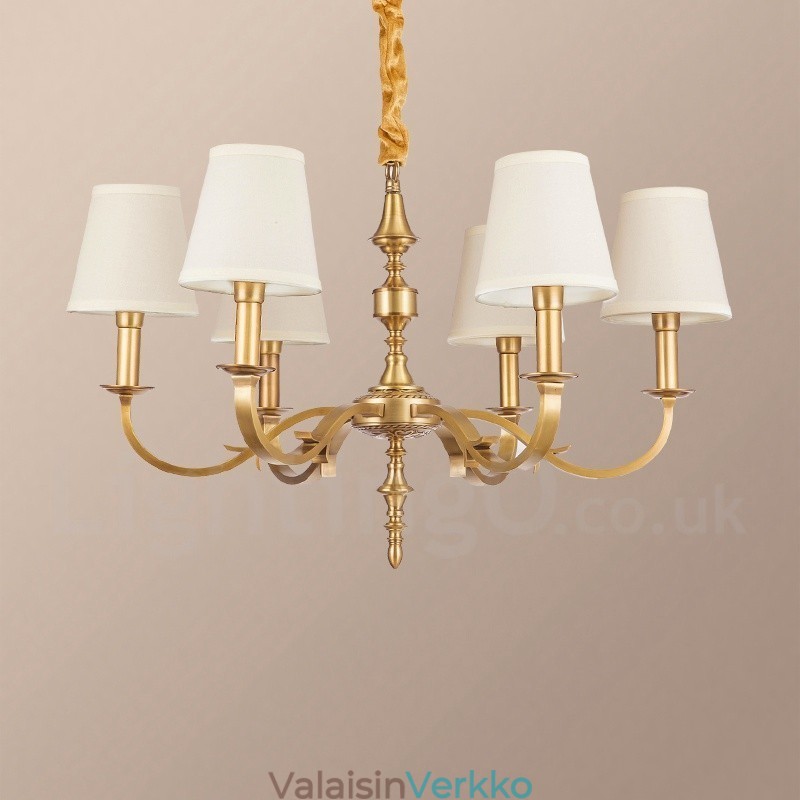 6 Kevyt Retro Rustic Luxury messinkiriippuvalaisin kattokruunu kangasvarjostimella