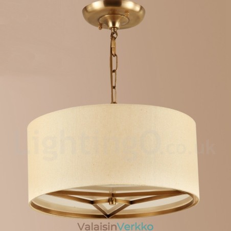 4 Kevyt rumpu Retro Rustic Luxury messinkiriippuvalaisin kattokruunu kangasvarjostimella 4 Kevyt rumpu Retro Rustic Luxury messinkiriippuvalaisin kattokruunu kangasvarjostimella
