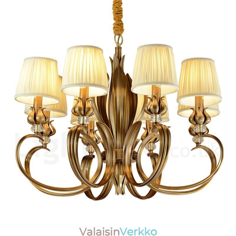 8 Kevyt Retro Rustic Luxury messinkiriippuvalaisin kattokruunu kangasvarjostimella
