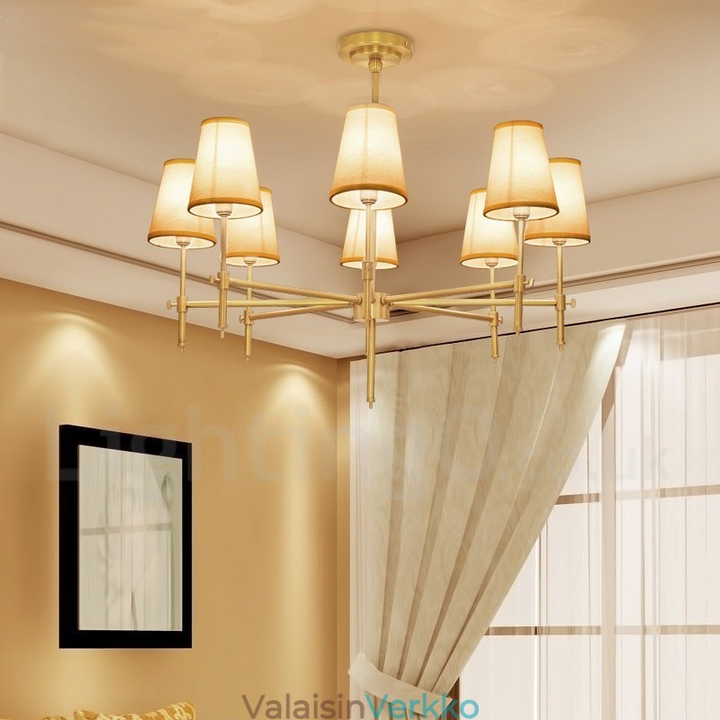 8 Kevyt Retro Rustic Luxury messinkiriippuvalaisin kattokruunu kangasvarjostimella