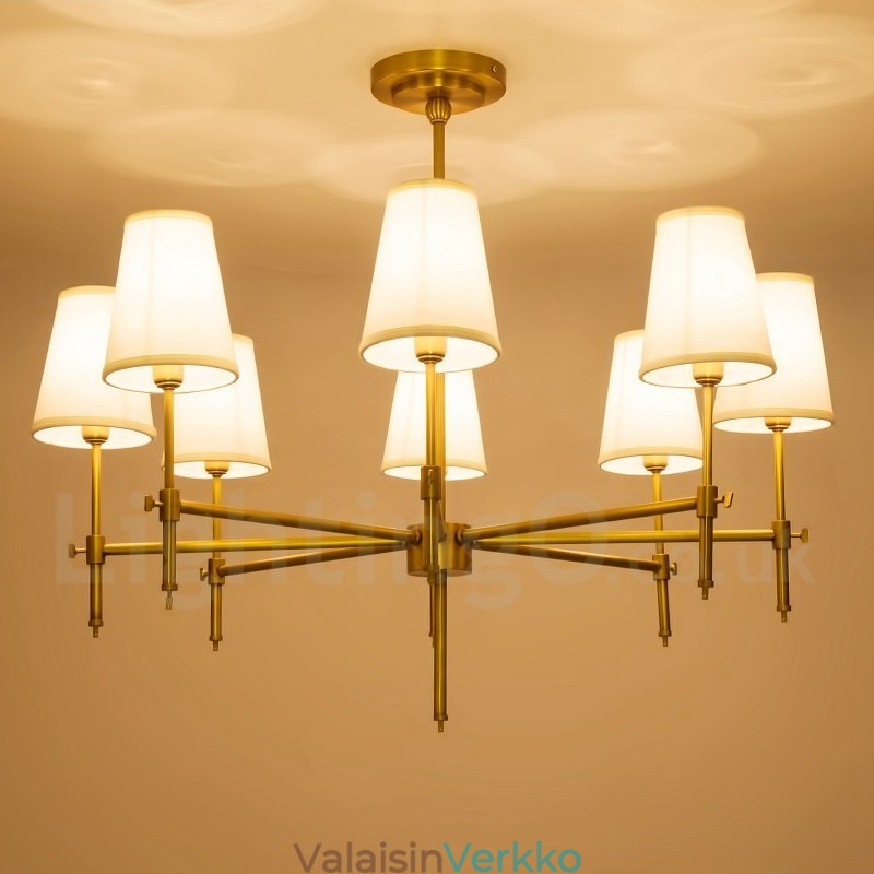 8 Kevyt Retro Rustic Luxury messinkiriippuvalaisin kattokruunu kangasvarjostimella