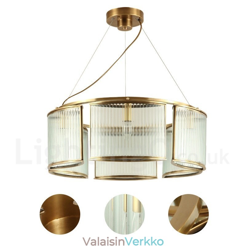 6 Kevyt Retro Rustic Luxury messinkiriippuvalaisin kattokruunu lasivarjostimella