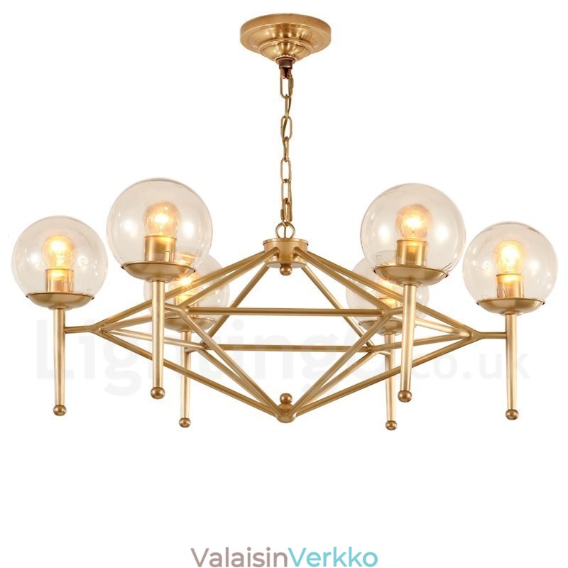 6 Kevyt Retro Rustic Luxury messinkiriippuvalaisin kattokruunu lasivarjostimella