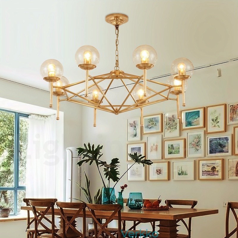 6 Kevyt Retro Rustic Luxury messinkiriippuvalaisin kattokruunu lasivarjostimella