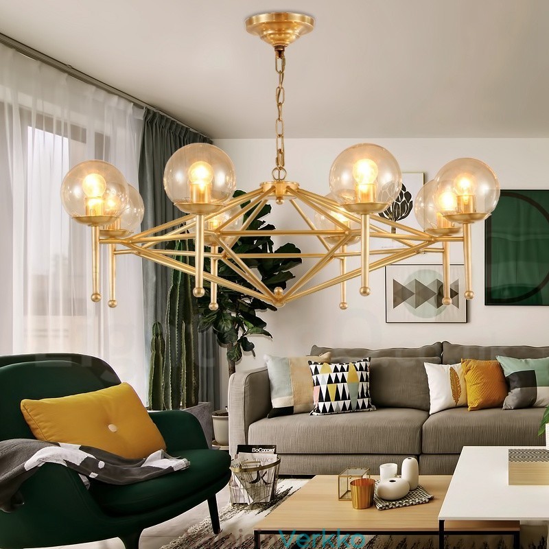 6 Kevyt Retro Rustic Luxury messinkiriippuvalaisin kattokruunu lasivarjostimella