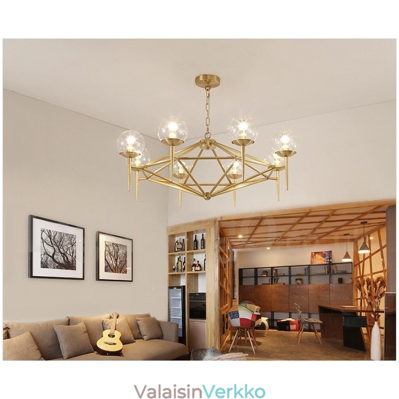 6 Kevyt Retro Rustic Luxury messinkiriippuvalaisin kattokruunu lasivarjostimella
