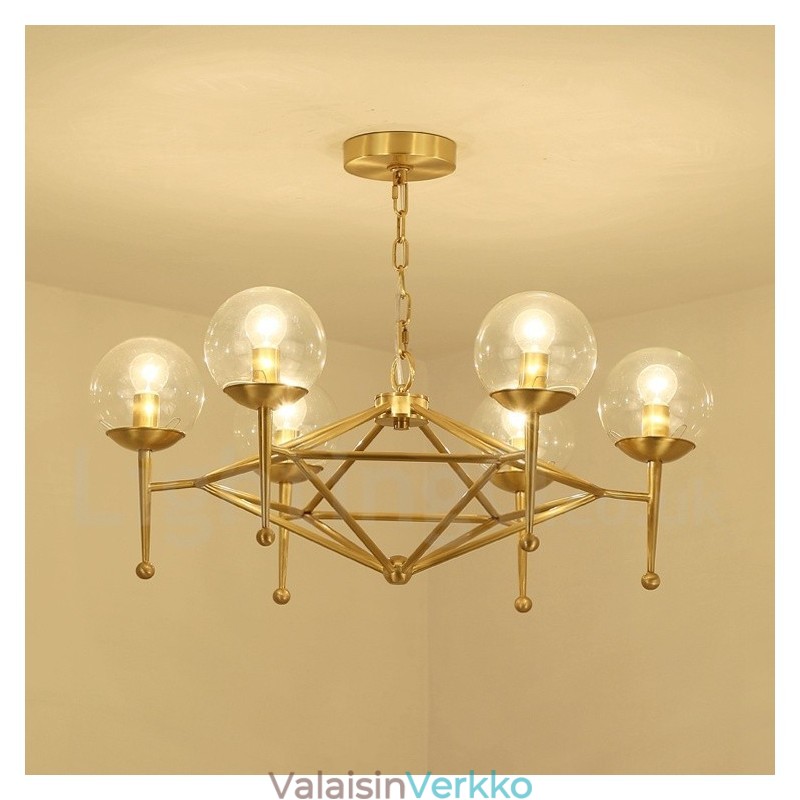 6 Kevyt Retro Rustic Luxury messinkiriippuvalaisin kattokruunu lasivarjostimella
