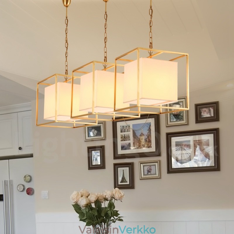 1 Kevyt Retro Rustic Luxury messinkiriippuvalaisin kattokruunu kangasvarjostimella