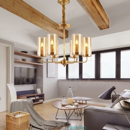 6 Kevyt Retro Rustic Luxury messinkiriippuvalaisin kattokruunu lasivarjostimella