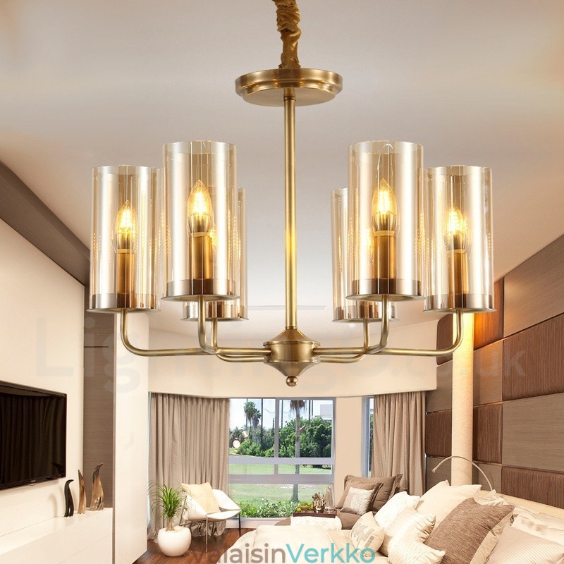 6 Kevyt Retro Rustic Luxury messinkiriippuvalaisin kattokruunu lasivarjostimella