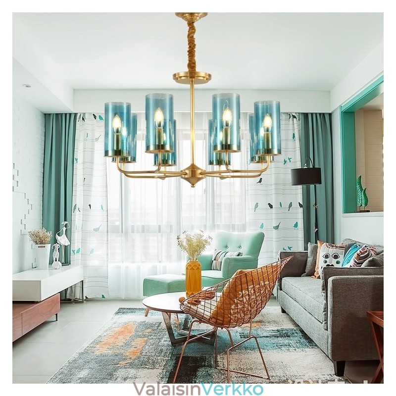 8 Kevyt Retro Rustic Luxury messinkiriippuvalaisin kattokruunu lasivarjostimella